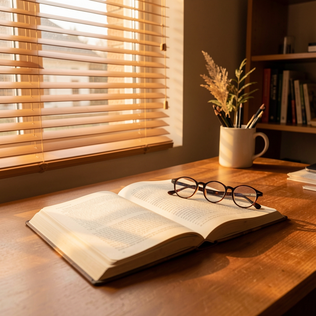 Quiet morning light through half-open window blinds casting warm stripes on a wooden floor, plant in corner, clean and still atmosphere