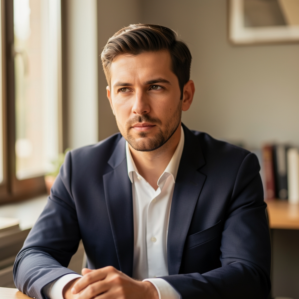 Editorial portrait of a man at a desk, warm natural light, neutral background, professional and thoughtful expression