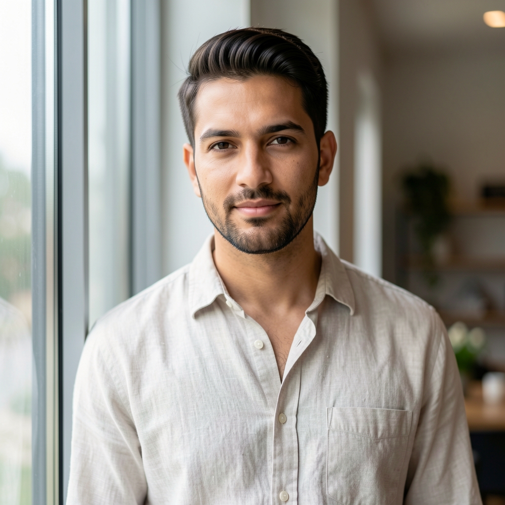 Portrait of a man in a light linen shirt standing near a large window with diffused natural light, relaxed and confident posture, editorial setting