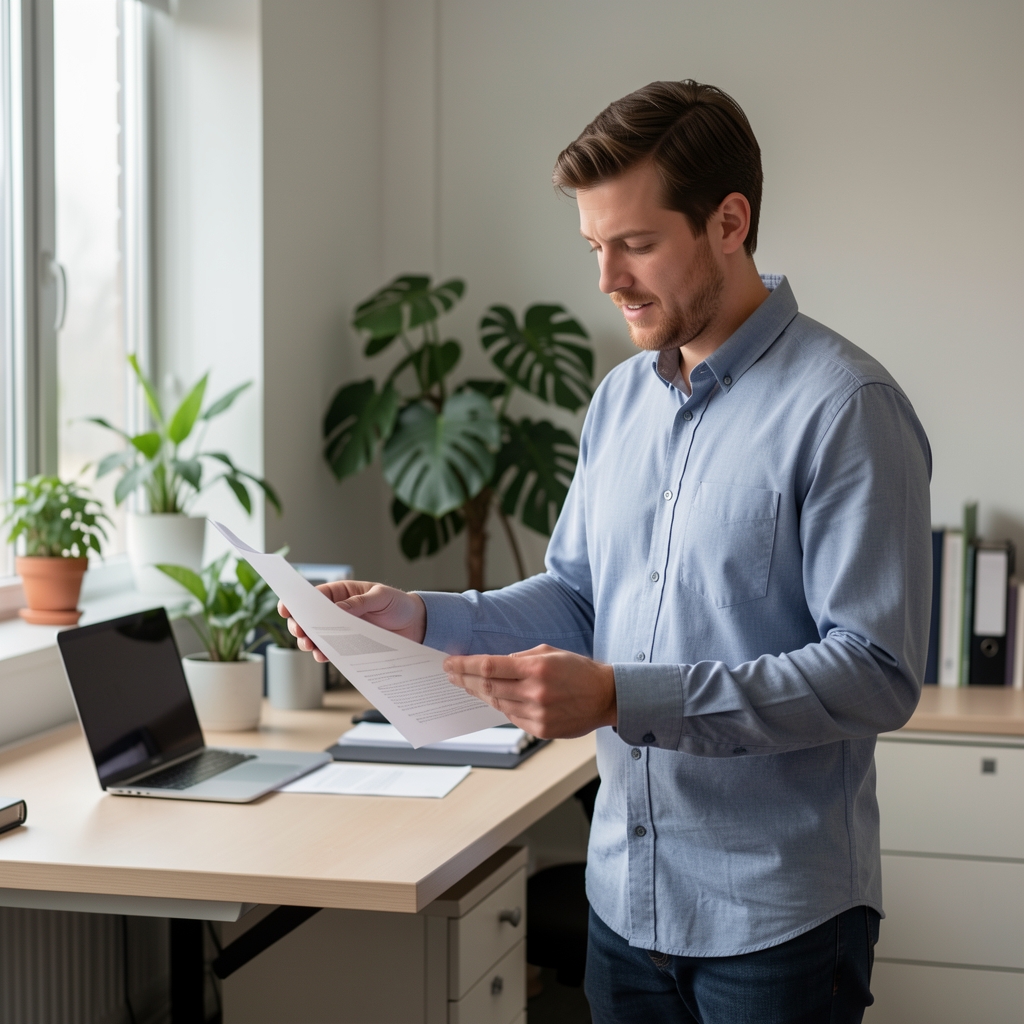 Man reviewing printed documents at a standing desk, neutral workspace, plants in background, controlled daylight, editorial office environment