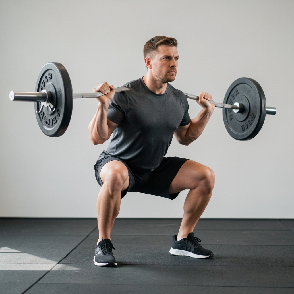 Man performing a barbell squat in a well-lit gym, focused expression, clean neutral background