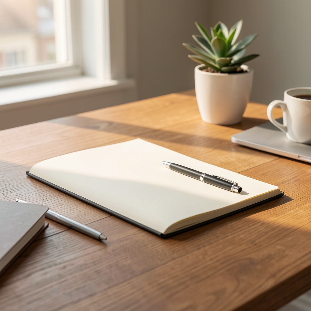 Calm desk setup with open notebook, pen, and morning light — work-life rhythm and productivity habits