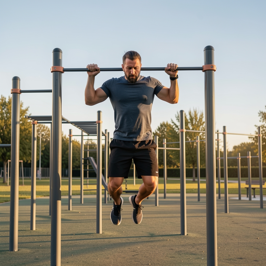 Man performing pull-ups in an outdoor gym park setting, early morning, clear skies, active lifestyle